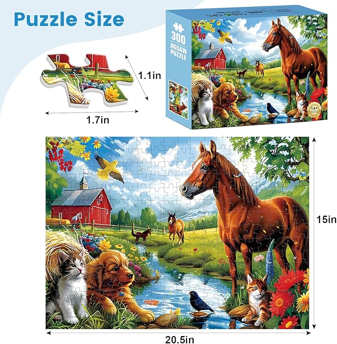 300 Piece Jigsaw Puzzle for Adults, 300 Piece Jigsaw Puzzle for Kids, Horse and Cat Jigsaw Puzzles, Animal Jigsaw Puzzles, Creative Games and Holiday Party Gifts, Fun and Challenging Family Games