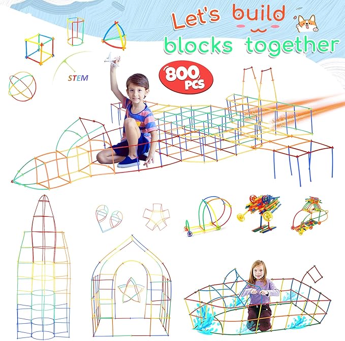 Ggiibro Straw Constructor Toys 800Pcs STEM Building Toy for 3+ Year Interlocking Plastic Engineering Toys Thin Tube Blocks Educational Toy Kit for Indoor Kids Toy with a Storage Box