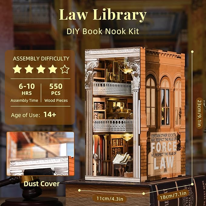 DIY Book Nook Kit for Adults, 3D Wooden Puzzle Bookend Bookshelf Insert Decor with LED Light and Dust Cover (Law Library)
