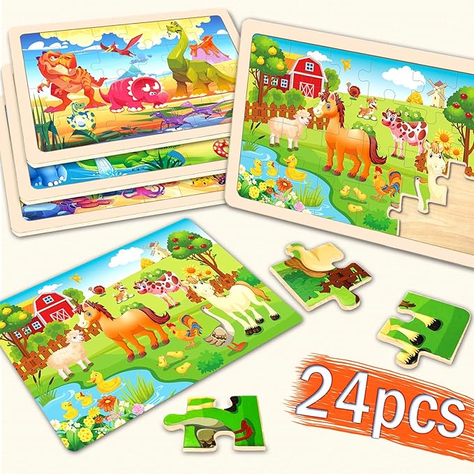 Wooden Puzzles for Kids Ages 4-6, 24 Pieces Dinosaur, Undersea, Wildlife, Farm Jigsaw Puzzles for Kids Ages 3-5. 4 Pack Toddler Puzzles Toys for Boys and Girls Ages 3,4,5,6 Year Old