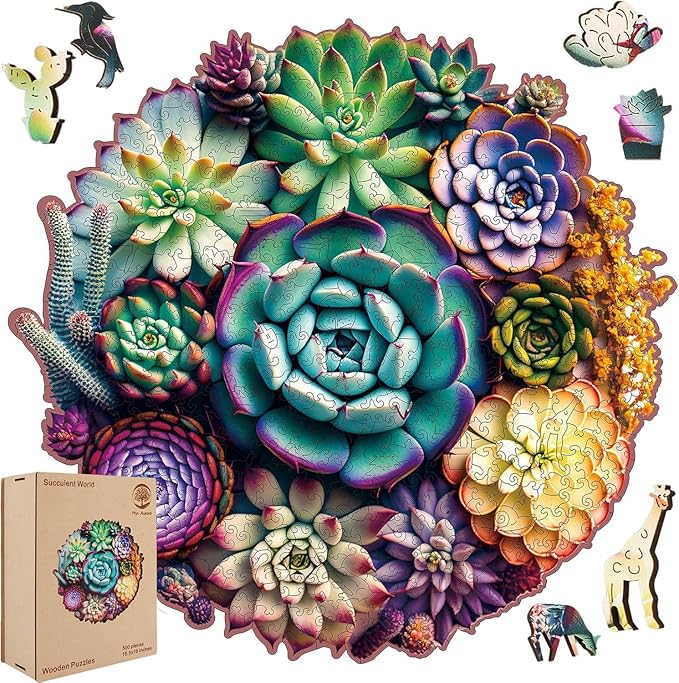 Wooden Jigsaw Puzzle for Adults and Kids Unique Shape Wood Colorful Beautiful Box Fun Challenge Brain Health Family Game Creative Gift for Friends Rompecabezas Madera(Mandala Succulent 300pcs)