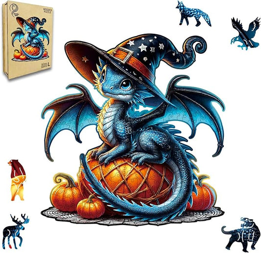 Dragon Wooden Puzzles for Adults,Pumpkin Witch Jigsaw Puzzles 300 Piece,Thanksgiving Birthday Gifts Family Game,Unique Shape Puzzle Challenge 14.9 x 14.9 Inch