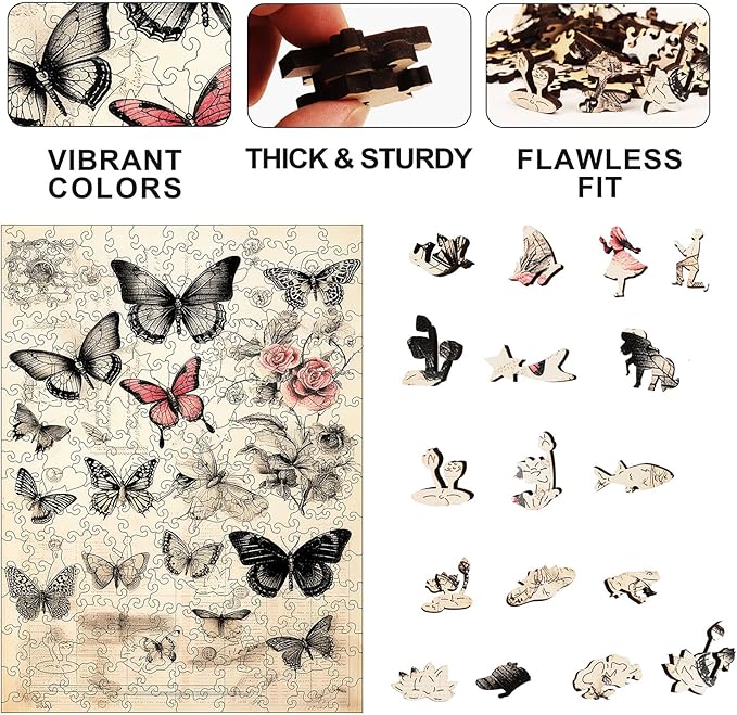 Wooden Puzzles for Adults, Butterfly Jigsaw Puzzles 5MM Thickness,200 Pieces Animal Unique Shape Puzzles with Wooden Box, Family Game Gift Fun Challenging Puzzle for Adults and Kids