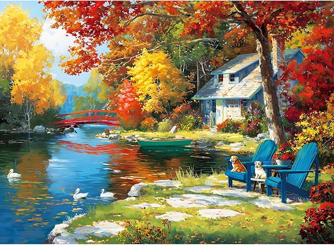 300 Piece Puzzle for Adults, Autumn Lakeside Cabin Jigsaw Puzzle with Dogs and Colorful Trees, Fall Season Cozy Retreat 300 Piece Puzzle, Relaxing Home Decor Gift for Adults, Kids, Seniors, 20.5×15 in