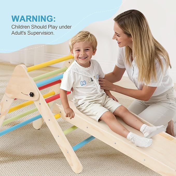 Pikler Triangle Set for Toddlers, 7-in-1 Foldable Montessori Climbing Gym with Safety Strap, Indoor Wooden Arch, Ramp, Ladder for Active Play - Classic