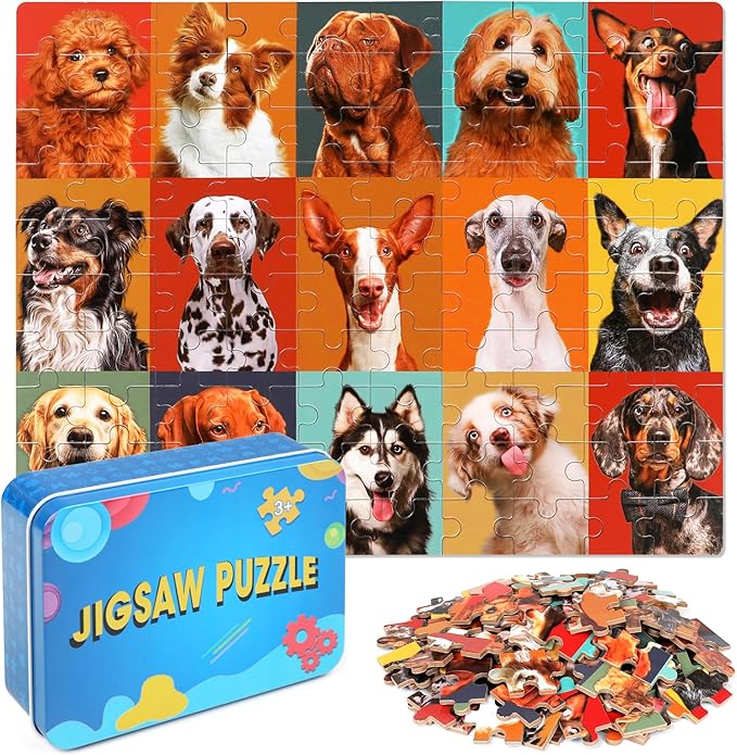 LELEMON Puzzles for Kids Ages 4-8,100 Pieces Funny Dog Jigsaw Puzzles in a Metal Box,Puppy Animal Puzzle for Children,Learning Educational Toys for Boys and Girls
