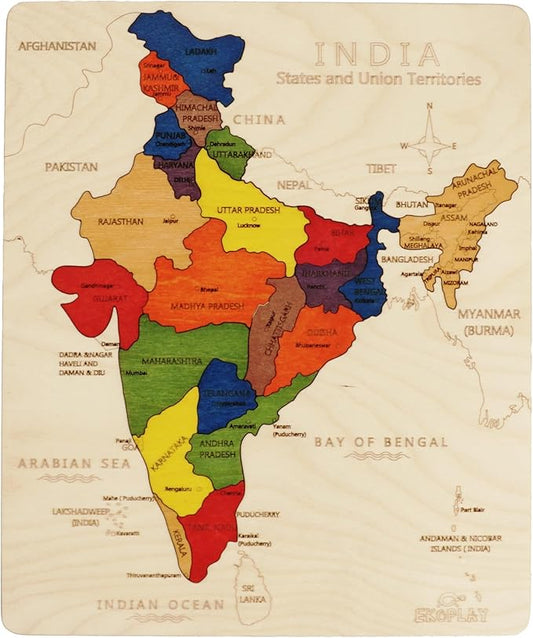 Wooden India Map Jigsaw Puzzle for Kids, 22 Pieces, Learning & Educational Toy Gift for Ages 3+