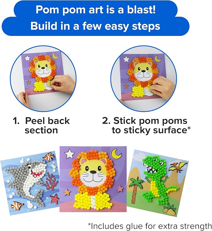 Little Jupiter DIY Pom Pom Art - Makes 3 Art Pieces -Boy & Girl Crafts for Kids Age 3-5 - Toddler Crafts - Pom Pom Arts and Crafts - Art Projects for Kids - (Set 1 -Lion, Shark, Dinosaur)