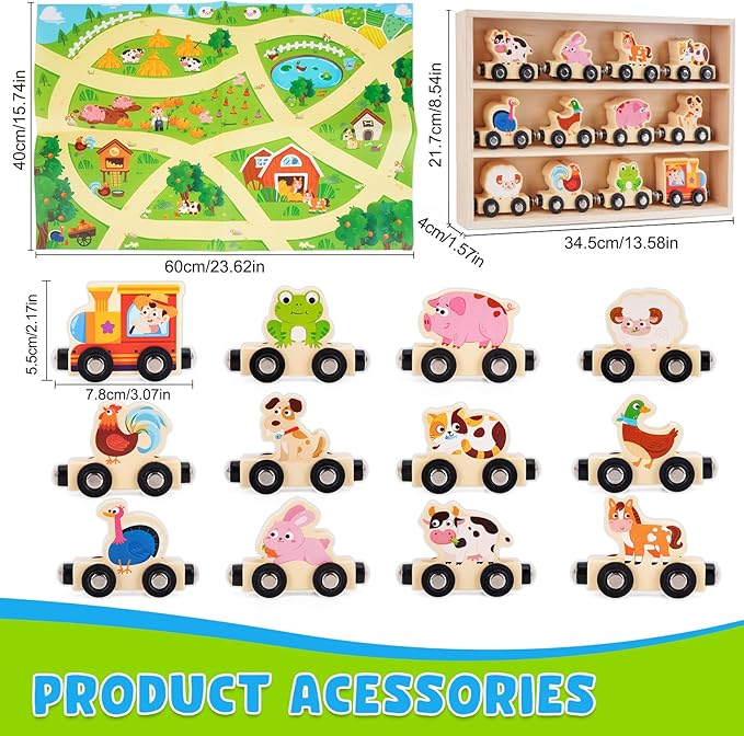 Montessori Wooden Train Toy for 1 2 3 Years Old Toddlers | 12 Magnetic Animals Train Kids Box, STEM Educational Toy with Game Map | 1st 2nd Birthday for Boys Girls