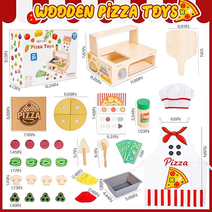 Wooden Pizza Toy, Montessori Pretend Play Toys, Wooden Pizza Counter Playset, Play Food and Accessories, Cooking Pretend Play Toys for Boys Girls Age 3+