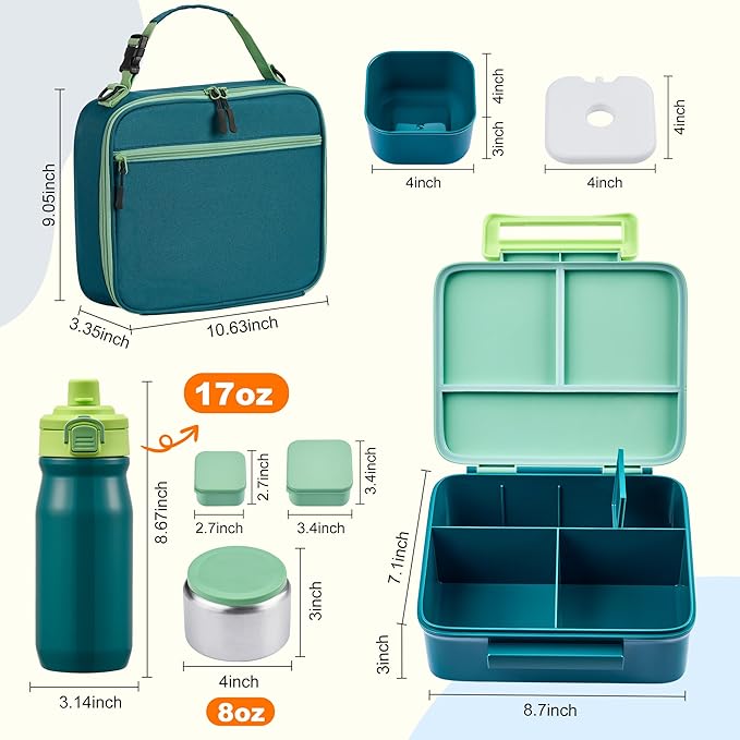 MAISON HUIS Kids Bento Box Set - Includes 8oz Soup Thermo, Insulated Lunch Bag & 17oz Stainless Steel Water Bottle, 5-Compartment Bento Box with Built-In Ice Pack, Leak-Proof & BPA-Free(Green)