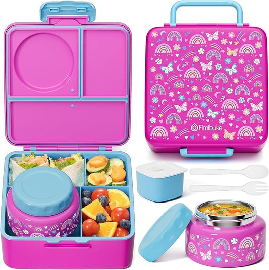 Fimibuke Bento Box for Kids Adult, BPA Free & Leakproof Toddler Lunch Box with 8.5oz Insulated Food Jar, Utensils & Sauce Jar, Dishwasher Safe 3 or 4 Compartment Container for School Girl Boy
