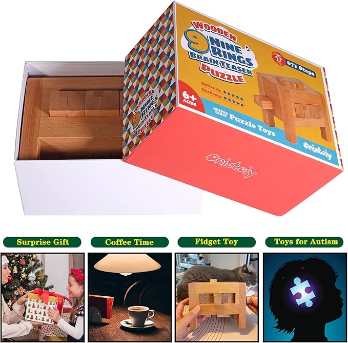 671 Steps Unique Supper Difficult Wooden Nine Ring Brain Teaser Puzzle Challenge Fidget Toys 3D Assembly and Disentanglement Lock Games IQ Test Mind Game Educational Toy for Kids and Adults