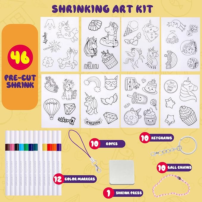 89PC DIY Unicorn Shrinking Plastic Art Kit - 46 Pre-Cut Shapes, 12 Markers & Accessories - Make Charms, Keychains & Tags - No-Mess Craft for Kids - Birthday Gift with Shrinking Plastic Sheets
