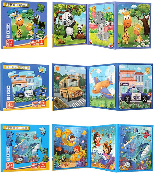 3 Pack Magnetic Puzzle Beginner, Childrens Puzzles Age 3-5, Puzzles for Kids Ages 2-4 4-8,Toddler Travel Toys, Preschool Learning Toys (3 Pack, Animals + Vehicles + Ocean)