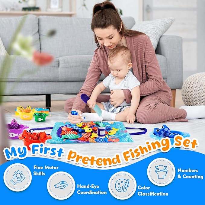 Fish Montessori Toys Gift for Baby 1 year Old 12-18 Months, 22 pcs Fishing Sorting Toy 1 2 Year Kids with Stacking Cups, Boy One Year Old Girls Easter Birthday Gift Toddler Toys for Aged 1 2