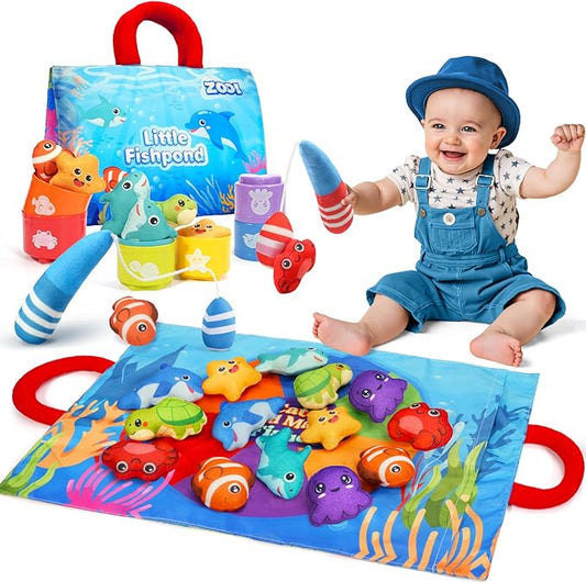 ZOOI Toddler Montessori Toys for 1-3 Year Old, 24PCS Cloth Fishing Game with Stacking Cups for Hand-Brain Coordination, Sensory Baby Toys 6-12 Months, 1-3 Year Old Girl Boy Birthday Gifts