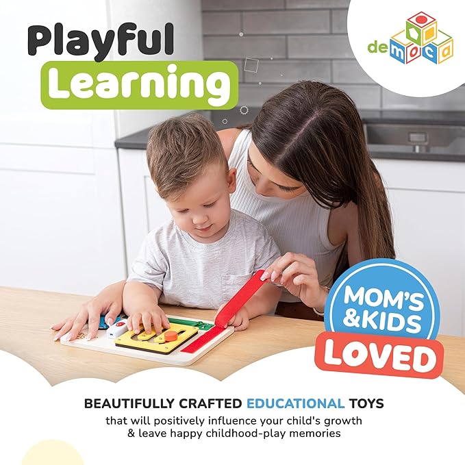 deMoca Montessori Busy Board for 1 Year Old, Premium Wooden Baby Busy Board, Airplane Toys for Toddlers 1-3, Car Travel Essential, Gift for Boys & Girls