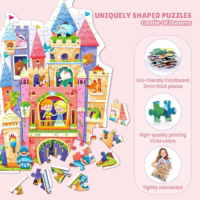 ELX 60 Piece Castle Jigsaw Puzzle for Kids 3+, Large Floor Puzzle for Preschool Learning with Storage Bag, Educational Toy Gift Birthday and Christmas for Boys Girls