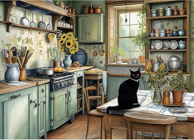 Vintage Country Kitchen Jigsaw Puzzle 1000 Pieces for Adults Cozy Farmhouse Scene Cat Sunflowers Rustic Decor Challenging Puzzle Games Fun Family Activity （27.6" x 19.7"）