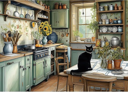 Vintage Country Kitchen Jigsaw Puzzle 1000 Pieces for Adults Cozy Farmhouse Scene Cat Sunflowers Rustic Decor Challenging Puzzle Games Fun Family Activity （27.6" x 19.7"）