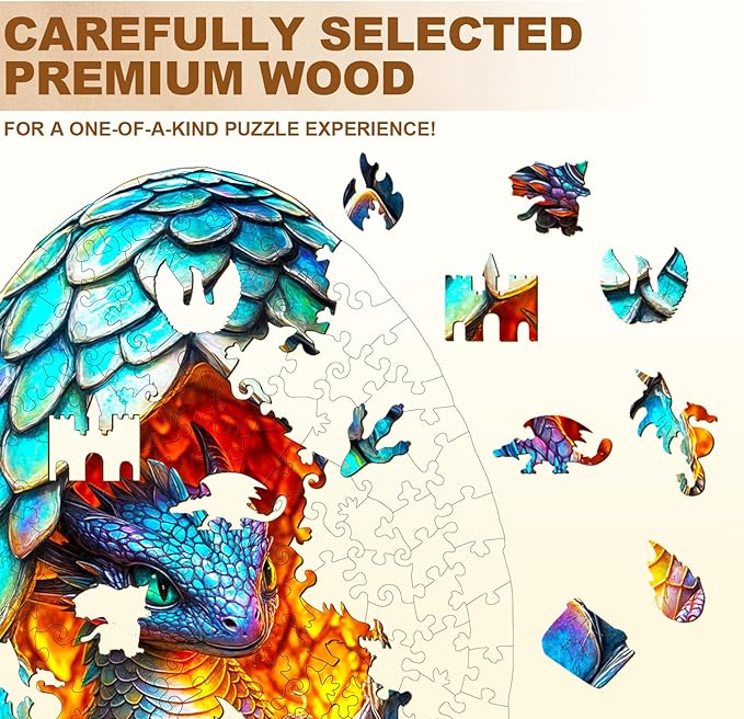 KAAYEE Wooden Puzzles for Adults, 3D Visual Effect Draconic Rebirth Dragon Wooden Jigsaw Puzzle Unique Shape Wood Puzzle Adult, Fathers Birthday Family Game (M-12.6 * 9.3in-170pcs)