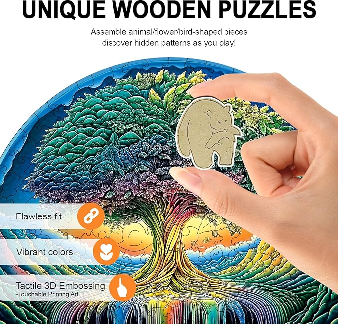 Wood Puzzles Adult, Rainbow Tree of Life Puzzle, Unique Wooden Puzzle for Adults and Kids, Family Game, Animal Shaped Jigsaw Puzzles, 200 Piece 11.2"×11.2"
