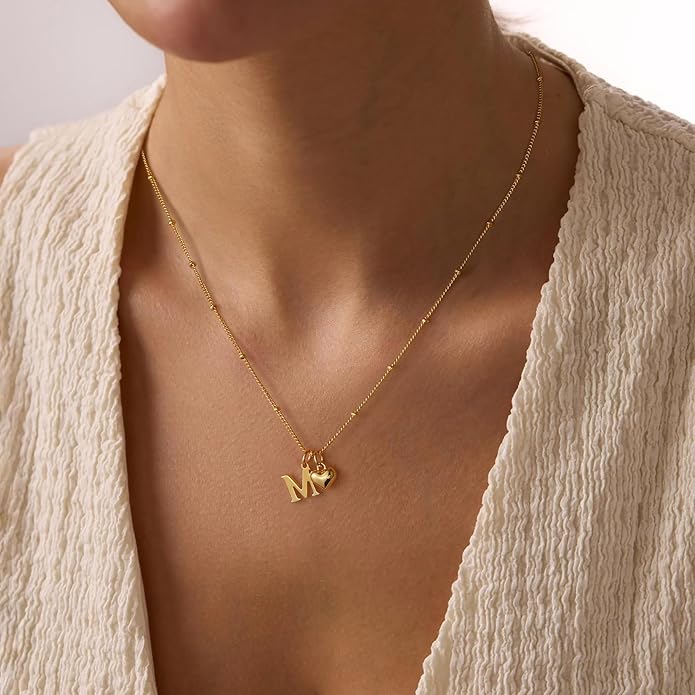 M MOOHAM Heart Initial Necklace for Women Girls - 14K Gold Plated Letter A-Z Pendant Necklace Dainty Heart Necklaces Tiny Initial Necklaces Birthday Gifts for Women Jewelry