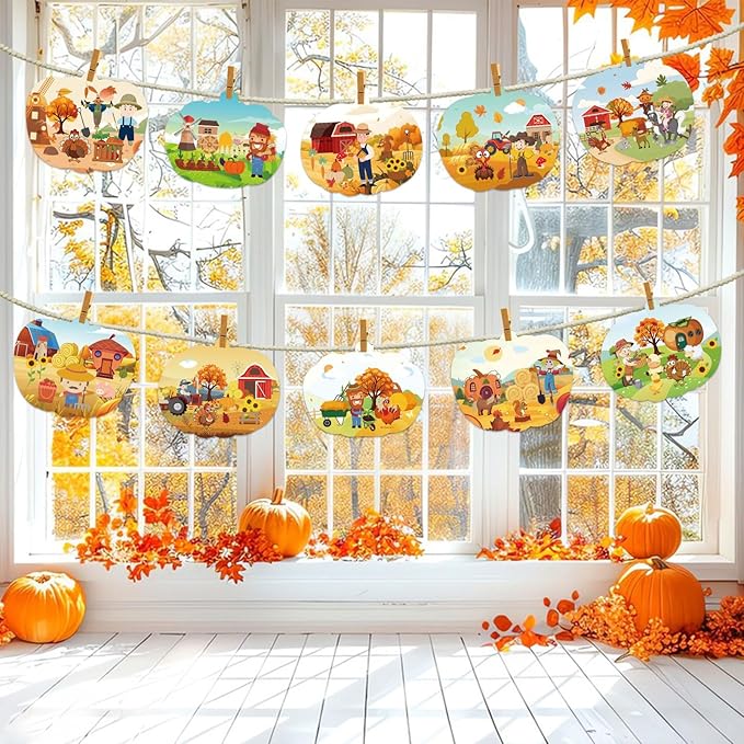 JUNEBRUSHS 30 Packs Fall Thanksgiving Crafts,Autumn Pumpkin Scene Crafts Fall DIY Ornaments Stickers Craft for Home School Classroom Activity Party Decor