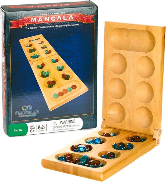 Family Traditions Mancala 2 Player Board Game, Fun Classic Table Game with Wooden Board and Deep Pockets for Mancala Gems, Popular Strategy Game for Adults & Kids, Ideal for Family Game Night, Travel