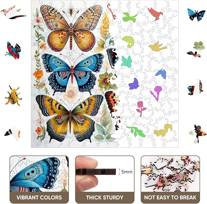 Wooden Puzzles for Adults, Colorful Butterfly 200 Pieces 5MM Thickness Unique Shaped Puzzles, Jigsaw Puzzles for Adults Toys Gift for Family Games (11.2 x 11.2 in)
