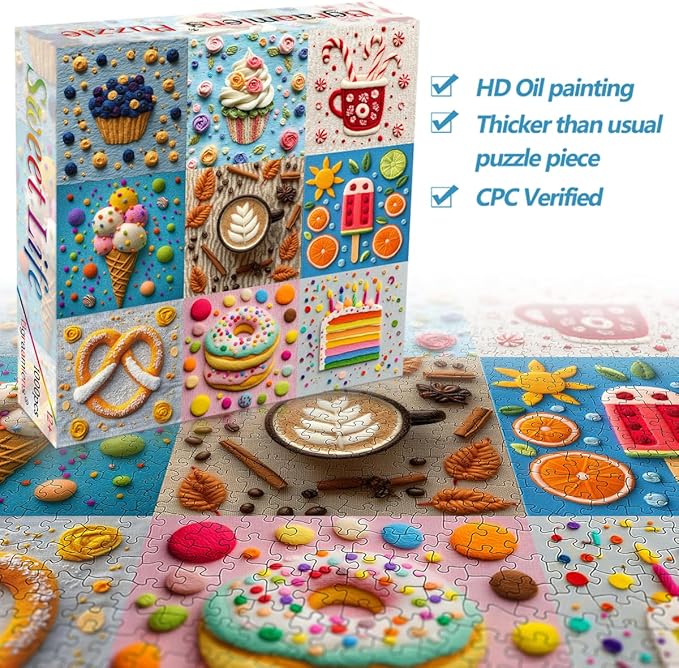 Bgraamiens 1000 Piece Jigsaw Puzzles for Adults – Sweet Life Dessert Grid – Colorful Food Art Puzzle with Cake, Coffee, Candy and Ice Cream – Bright Fun Gift for Relaxation