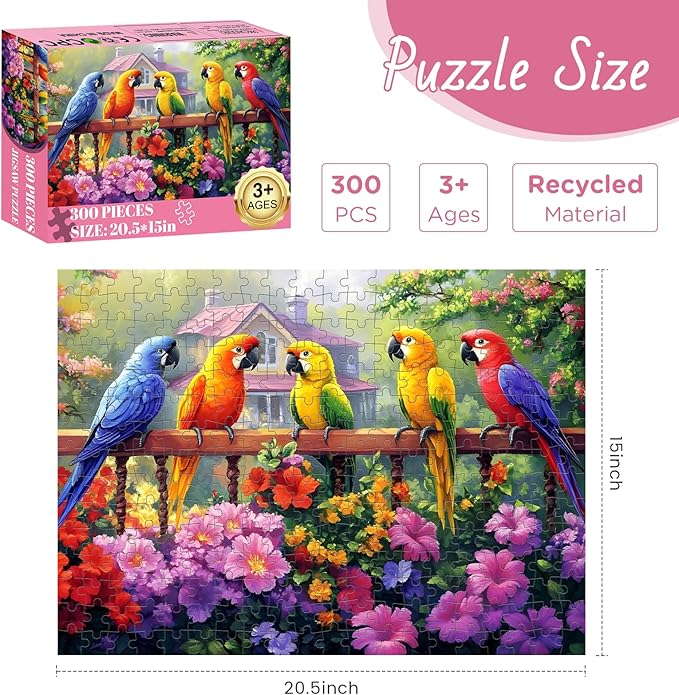 300 Piece Puzzles for Adult, Colorful Parrots Jigsaw Puzzle 300 Pieces for Adults Kids Seniors, Beautiful Challenging Garden House Adults Puzzle for Family and Friends Party Gifts 20.5×15 in
