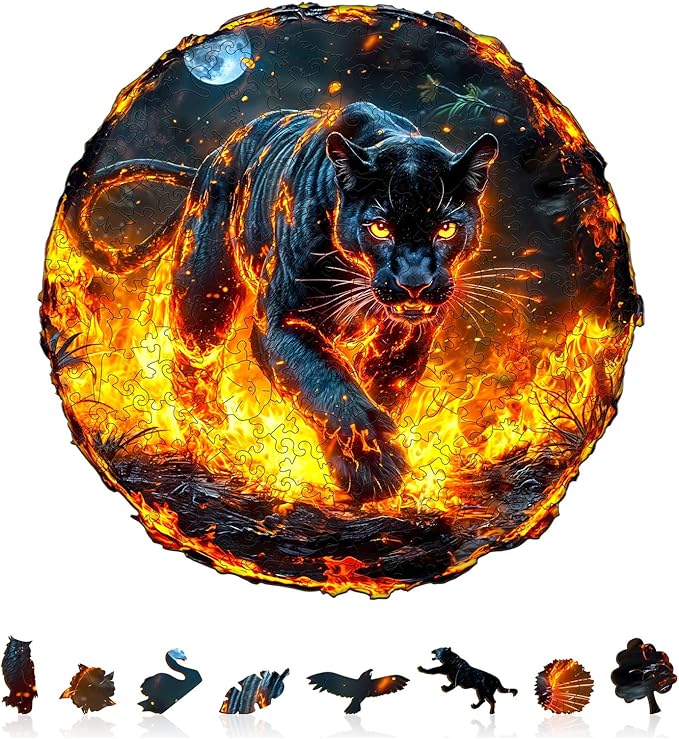 Wooden Puzzles for Adults - Flame Panther Wood Puzzles Adult - Unique Animal Shape Wooden Jigsaw Puzzles for Adults - Birthday Gifts for Puzzle Lovers, Family (13.4 * 13.2in)