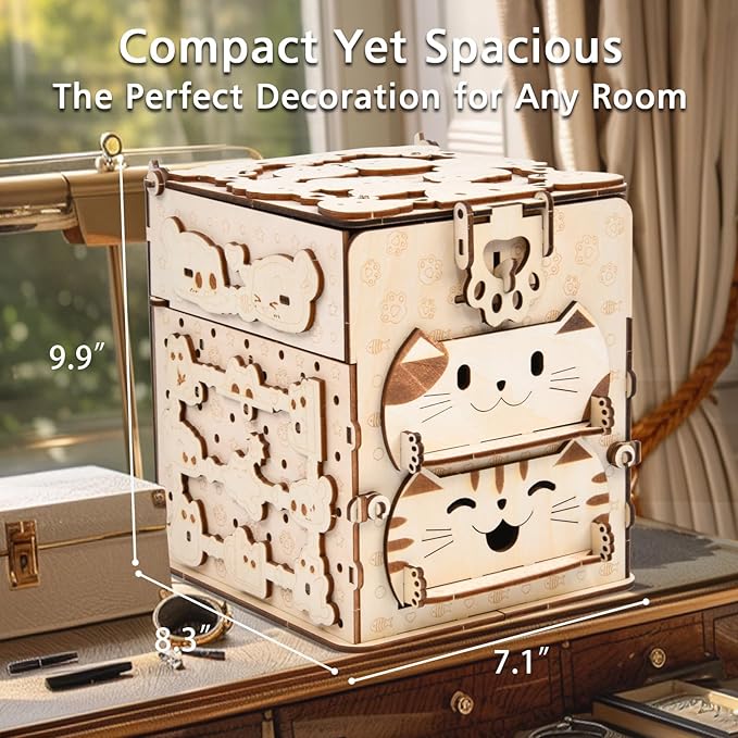 3D Wooden Puzzles for Adults: DIY Jewelry Box with Mirror, Cat Model Craft Kit, Creative Gift for Women Men Birthday Christmas Home Decor and Storage