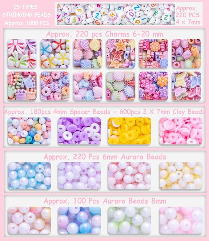 Danrun Bracelet Making Kit for Little Girls, Arts and Crafts for Kids Ages 6-8 for Making Jewelry, Mermaid Birthday Gifts for Girls Ages 5 7 9 10 11 12 - Cute Beads for Kids Toy Jewelry (Pink)