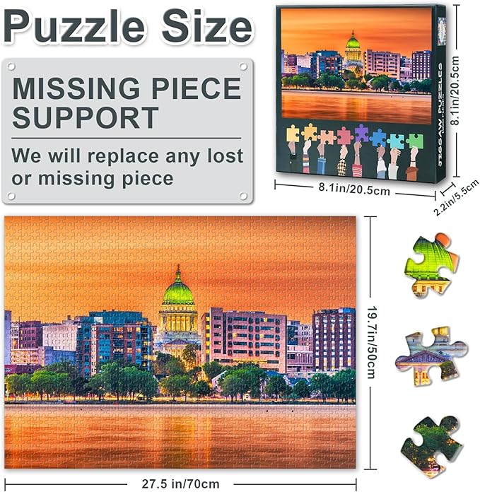 Madison Skyline Puzzles for Adults 1000 Pieces - Hard Difficult Challenging Family Puzzle, 27.5x19.7 Inch Jigsaw Puzzles Wisconsin Landscape, Puzzle Game for Women Home Decoration Gift