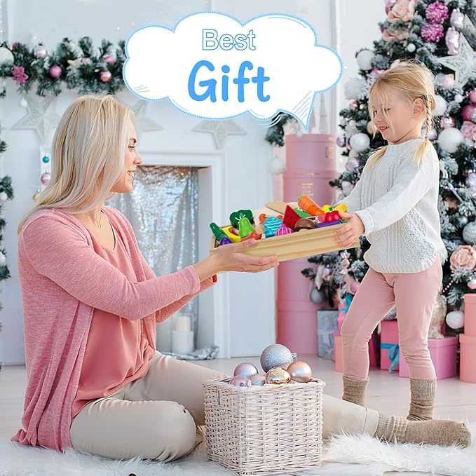 Wooden Play Food Sets for Kids Kitchen - Cutting Fruits and Veggies Toddler Toys Pretend Food Play Kitchen Accessories Montessori Educational Toys Gifts for Kids Boys Girls 3+