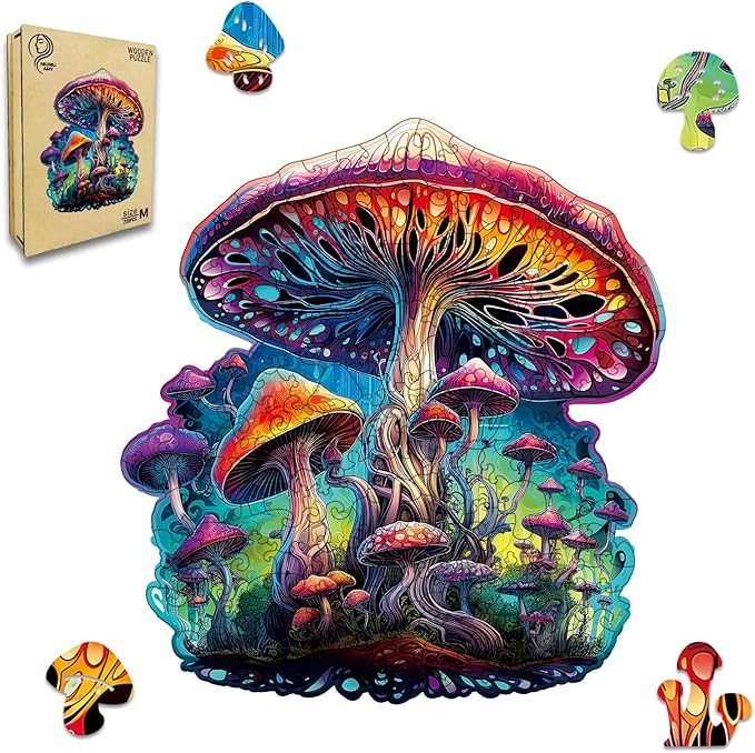Wooden Jigsaw Puzzle for Adults,Magical Mushrooms Wood Puzzles 200 Piece,Thanksgiving Birthday Gifts Family Game,Unique Shape Puzzle Challenge 11 x 11 Inch