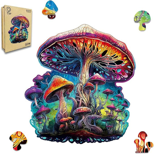 Wooden Jigsaw Puzzle for Adults,Magical Mushrooms Wood Puzzles 200 Piece,Thanksgiving Birthday Gifts Family Game,Unique Shape Puzzle Challenge 11 x 11 Inch