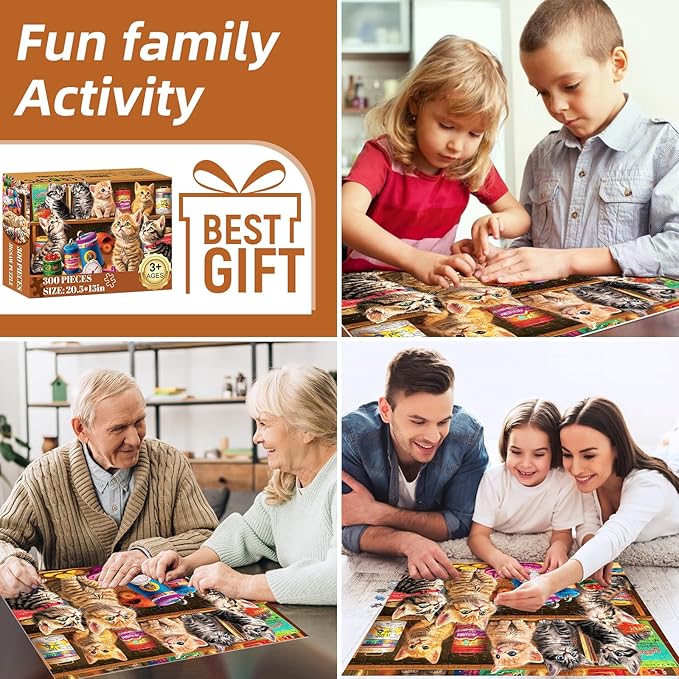300 Pieces Cute Cats Puzzles for Adults,Large Piece Jigsaw Puzzle for Adults Teens Seniors,Fun Puzzle for Kids Ages 8-12,Challenging 300 Pieces Puzzles for Family,Great Gift for All Ages,20.5 x 15 in