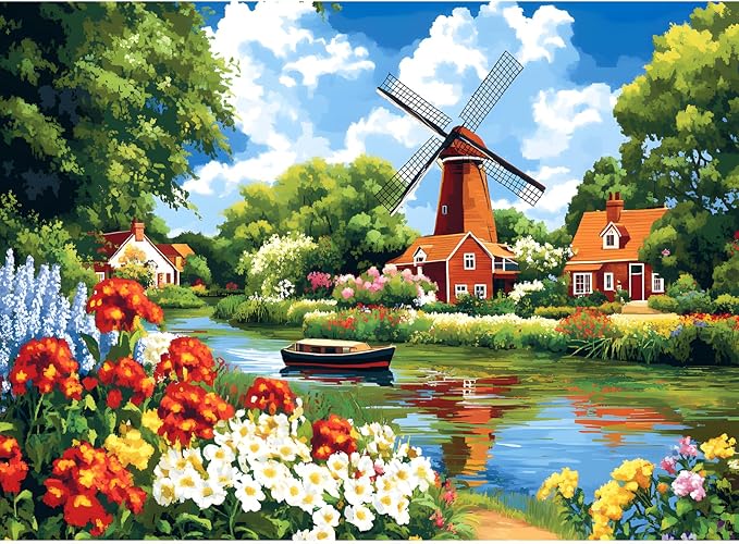 300 Piece Puzzles for Adult, Flower Jigsaw Puzzles 300 Pieces for Adults Kids Senior, Windmill River Adult Jigsaw Puzzles, Challenging Family Fun Puzzle Activity Game Gift for Friend 20.5 X 15 in