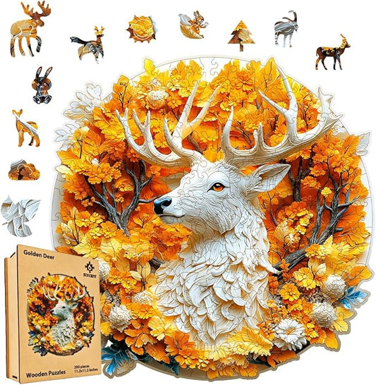 Wooden Jigsaw Puzzle, 200-500 Pieces Unique Shape Animal Puzzle, for Adults & Kids, Birthday Gift Family Game, Decorative Puzzle, Unique Gift (Golden Deer, 200 PCS)