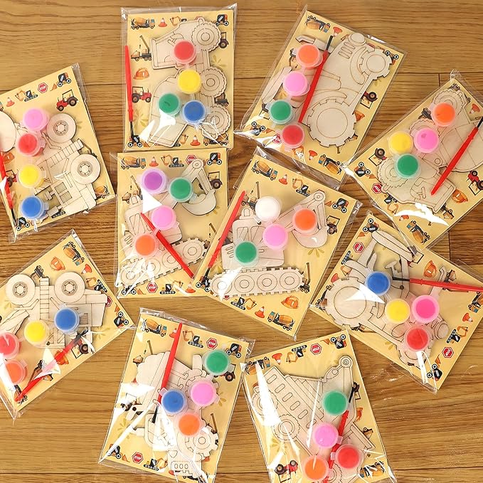 LARDUX Construction Party Favors, 24PCS DIY Wooden Arts & Crafts Painting Kit for Kids , Glow in The Dark Party Favors Family Crafts Birthday Party Christmas Gifts Toys for Boys Girls
