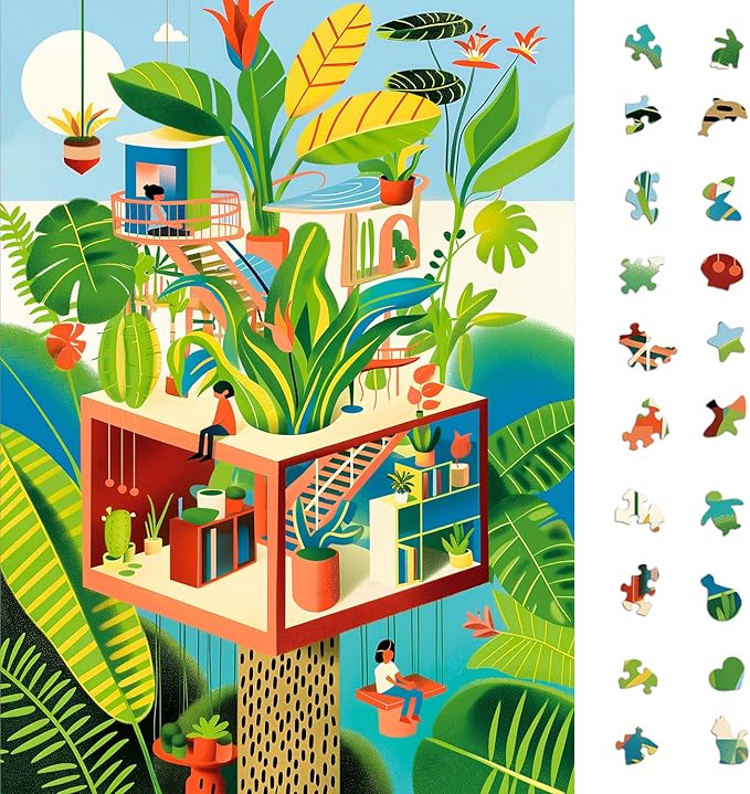 Shapes Jigsaw Green Tree House Puzzles for Adults 1000 Pieces, Unique Shaped Hard Puzzle with Color on Back, Plants Puzzle for Game Night Family Friend, 19.2 x 26.6 Modern Nordicism Art