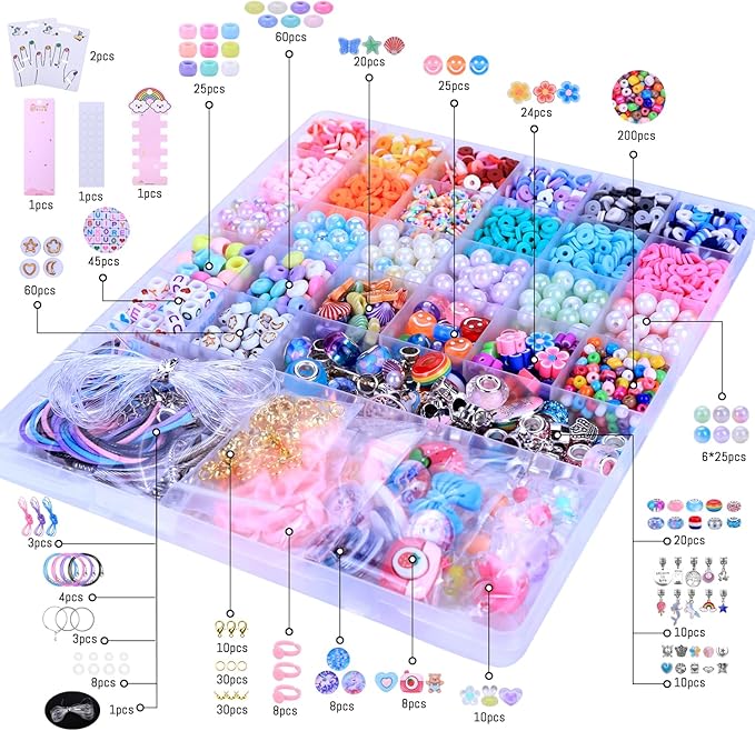 AIPRIDY 3200 Pcs Unicorn Jewelry Activity Kit,Clay Beads Bracelet Making Kit,Flat College Style Beading for Friendship Jewelry Making,Crystal Time Gem Ring Gifts,DIY Crafts for Teen Girls(Pink)