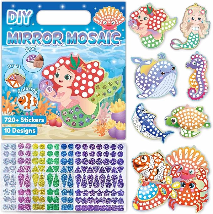 iGetooy 10 Sets DIY Mosaic Stickers for Kids, Mermaid Art Craft Kit with 720+ Stickers, Travel Toys for Kids, Birthday Gifts for Girls and Boys 3-8 Year Olds