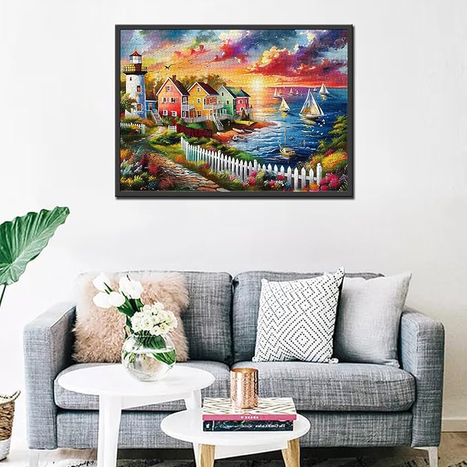 Colorful Seaside Town Jigsaw Puzzles for Adults 1000 Pieces, Lighthouse Boats Sunset Jigsaw Puzzle Art 27 x 20 Inches Beautiful Clouds DIY Puzzles for Home Decoration, Family Puzzle Game Nights