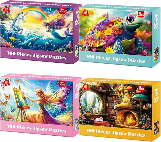 4 Packs 100 Piece Puzzles for Kids Ages 6-8 8-10, Mermaid Unicorn Puzzle for Girls 4-6 Years Old Educational 100 Piece Large Jigsaw Puzzles, Kids Puzzles 4-6 Toys Gifts for Girls Boys