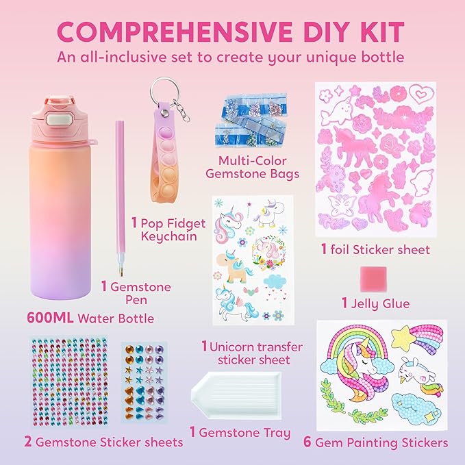 Klever Kits Decorate Your Own Water Bottle Kits for Girls Age 6+, Unicorn DIY Gem Diamond Painting Crafts, Girl Birthday Gift Arts and Crafts Fun Arts for Girls Birthday Christmas